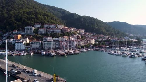 Aerial view of ships in the harbor in Fethiye town center 4K