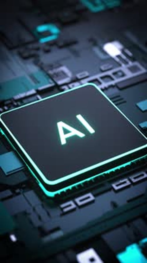 Vidéo verticale en gros plan d'un processeur à puce AI intégré à un circuit imprimé, travaillant sur des données