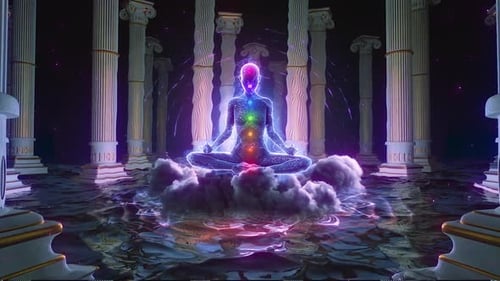 Animated Meditating Figure with Chakras in a Spiritual Temple