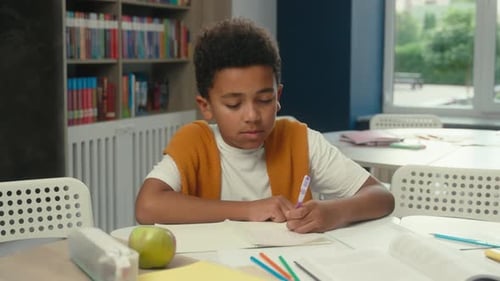 Upset African American Ethnic Little Child Son Study Writing Showing Thumb Down Education Bad Result