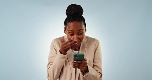 Wow, black woman and phone with happiness for celebration, announcement