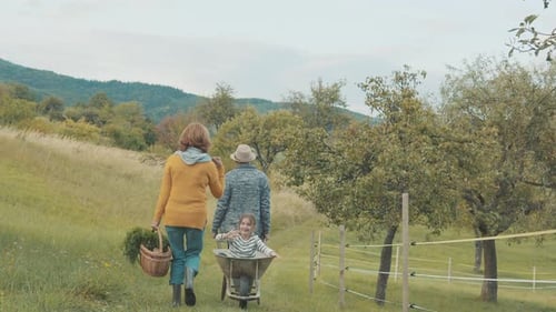 Senior Couple with Grandaughter Gardening in the Backyard Garden Allotment