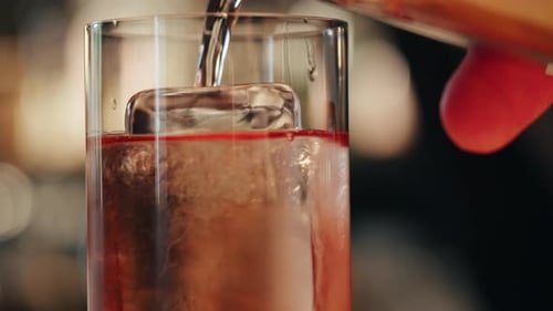 Bartender Make a Cocktail for Guest in the Bar Pink Icy Alcohol Drink with Bubbles Barman is Doing