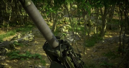 Weapon System Camouflaged in Dense Forest Setting During Daytime