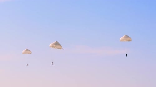 Fallschirmjäger steigen unter weißen runden Fallschirmen ab, die während einer Militärübung im freien Himmel gefangen genommen wurden