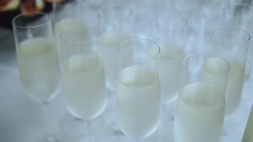 Dolly Shot of Champagne Into a Cool Glasses Closeup Shooting Catering Service on the Wedding Party