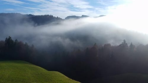 Aerial View of Foggy Mystical Landscape Scenery