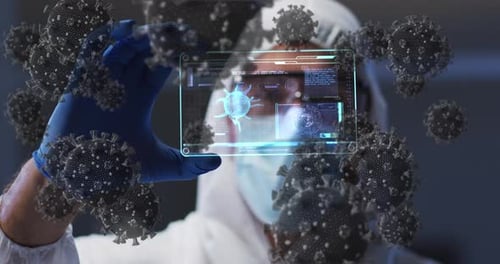 Animation von Covid-19-Zellen über einem Wissenschaftler im Anzug, der einen Bildschirm mit medizinischer Datenverarbeitung hält