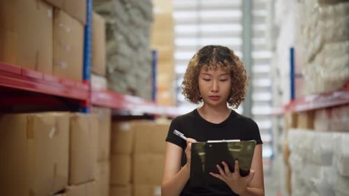 Warehouse worker in a black shirt checks inventory