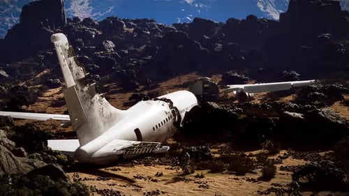 Plane Crash Site in Mountainous Terrain with Wreckage Scattered Around