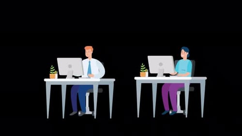 Group Of Office Workers Sitting At Desks And Communicating Or Talking 4K On Alpha Channel