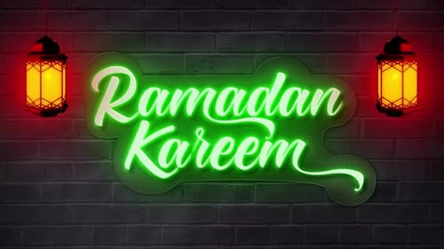 Texte en néon Ramadan Kareem avec lanterne V3