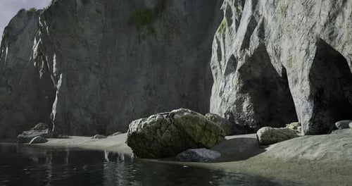 Majestic Cliffs Rise Over Tranquil Waters at Sunset Near a Serene Beach