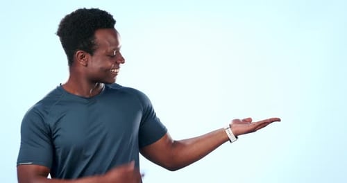 Fitness, happy black man or point at palm product placement, gym studio promo or sport notification