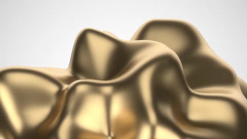 Moving shiny golden abstract fluid organic shape object on white and grey background. Animation loop
