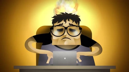 burned out nerd man working on computer with head on fire and smoke