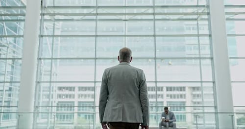Business man, walking and building architecture for corporate workplace or office