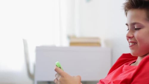 Smiling Boy Relaxing at Home with Mobile Phone