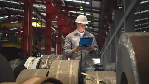 Industrial worker inspecting inside a large metal tube in a factory wearing safety helmet