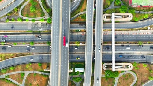 Interchange roads or highway interchanges from aerial view, Drone