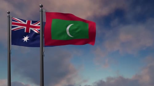 Australia and Maldives Flags Waving Realistically in Wind