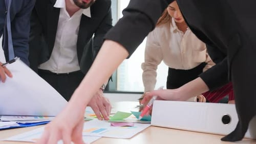 Close up of young businessman and businesswoman people work in office.