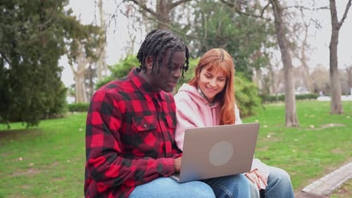 Young Interracial Couple Using Laptop in Park