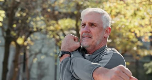 Nature, thinking or old man stretching arms to start running, outdoor workout or training in park