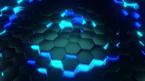A dark blue background with a lot of blue hexagons. Looped animation