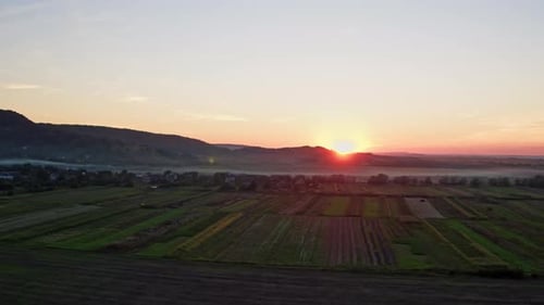 Aerial Drone View Picturesque Rural Landscape at Dawn Scenic Beautiful Sunrise Over Agricultural