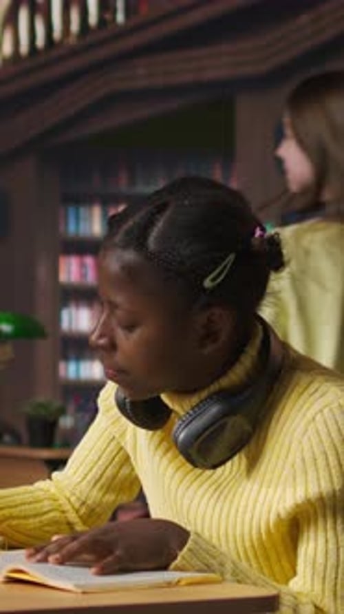 Vertical Video Young Focused Scholar Doing Her Homework at a Library Desk After Classes