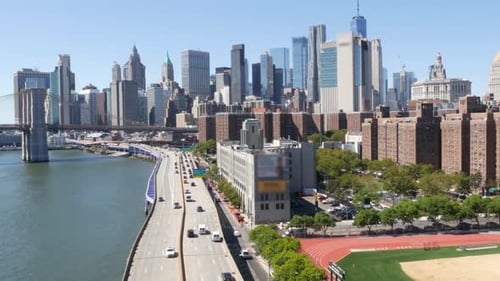 Brooklyn Bridge From Manhattan Bridge New York City Downtown Skyline Financial District Cityscape