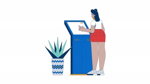 Latina-Frau nutzt Self-Service-Banking-Kiosk, Zeichentrickanimation