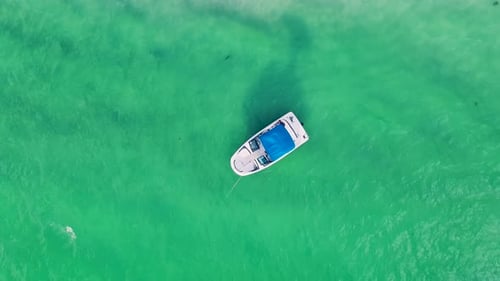 Aerial View of Small White Motorboat Floating on Sea Waves with Ripple Surface Near Sandy Beach