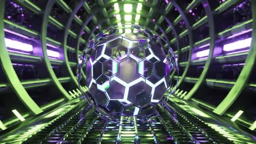Irisierende Hexagon-Kugel im blauen futuristischen 3D-Tunnel