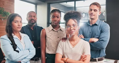 Diversity, face and proud business people with arms crossed confidence in office for teamwork