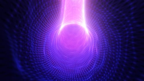 Purple energy tunnel frame made of futuristic particles and lines of energy force field