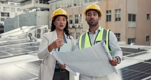 People, architect and blueprint on rooftop in construction, planning or building inspection together