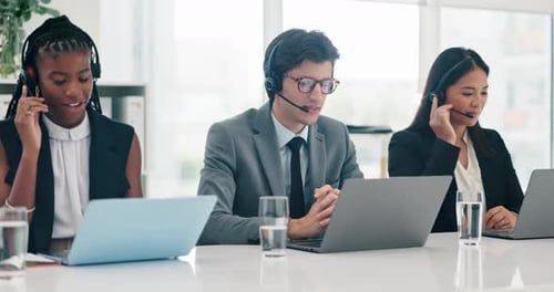 Business people, telemarketing and call center with consultation, customer service and connection