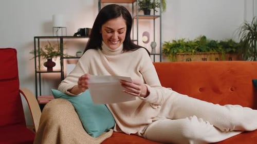 Woman Open Envelope Letter Reads It Feel Happy Career Growth Advance Promotion Bank Loan Approve