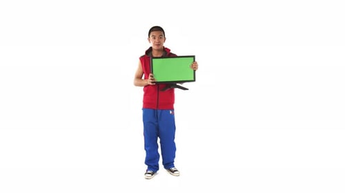Young Man Holding Computer Monitor With Green Screen