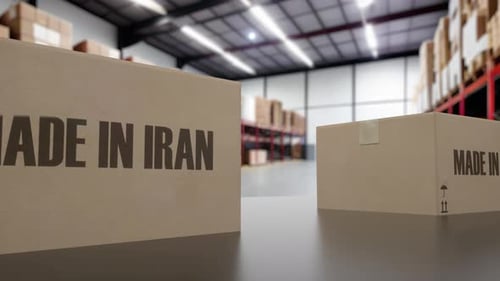 Boxes with MADE IN IRAN Text on Conveyor Iranian Goods Related Loopable 3D Animation