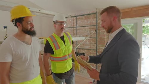 In a Meeting Construction Workers Discuss the Project Details with a Businessman