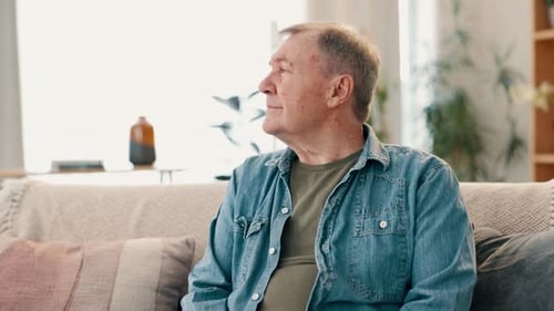 Home, thinking and sad with old man, depression and memory with retirement and mental health