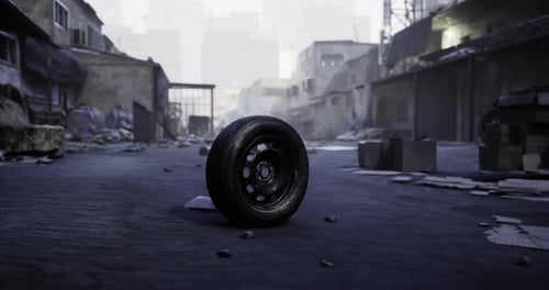Abandoned Urban Street with a Solitary Tire in a Desolate Environment