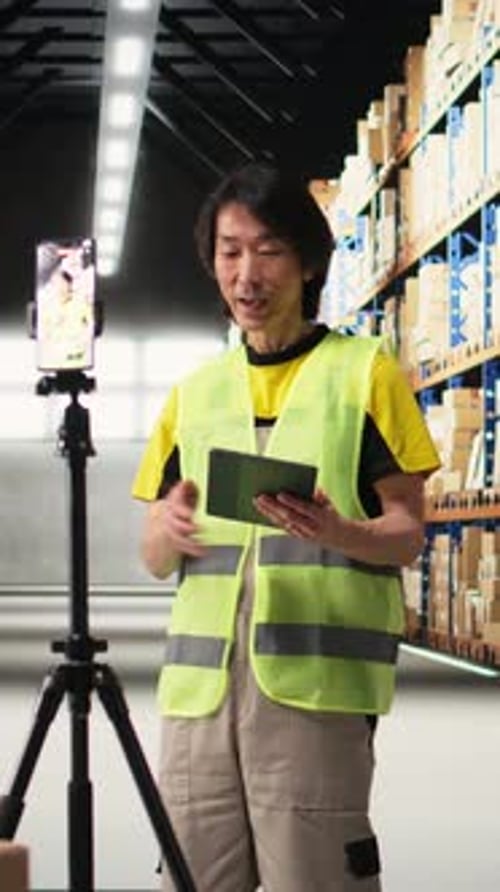 Vertical Video Asian Worker Promoting the Large Business Industrial Warehouse on a Vlog