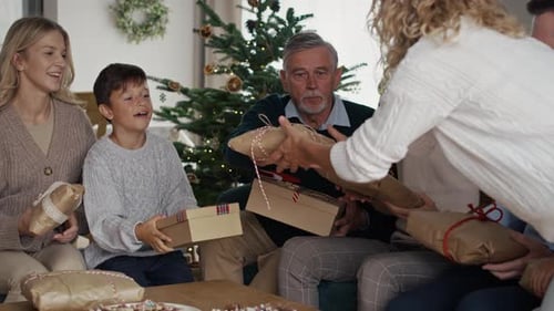 Family sharing the Christmas presents together at home. Shot with RED helium camera in 8K.