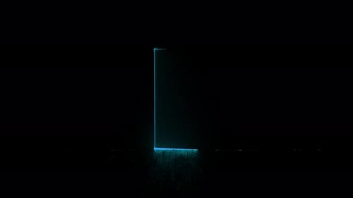Mysterious glowing door opening in dark room