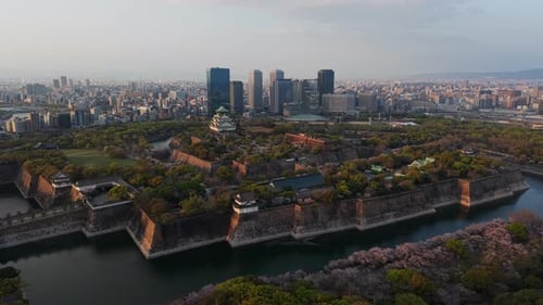 Aerial Panoramic View of Osaka Castle and Osaka Skyline