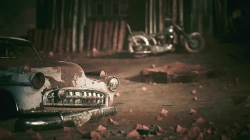 Rusting Vintage Car and Motorcycle in Abandoned Lot During Golden Hour